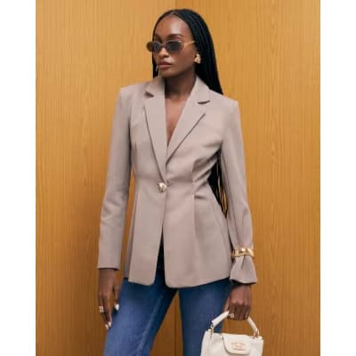 Beige Long Sleeve Cinched Waist Blazer