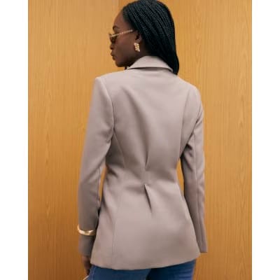 Beige Long Sleeve Cinched Waist Blazer
