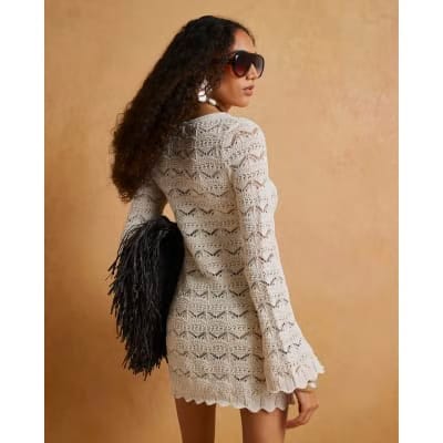 Cream Crochet Knit Boat Neck Mini Dress