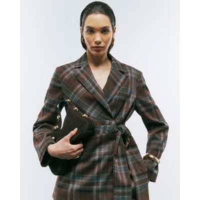 Brown Check Tie Waist Blazer