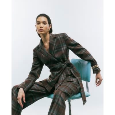 Brown Check Tie Waist Blazer