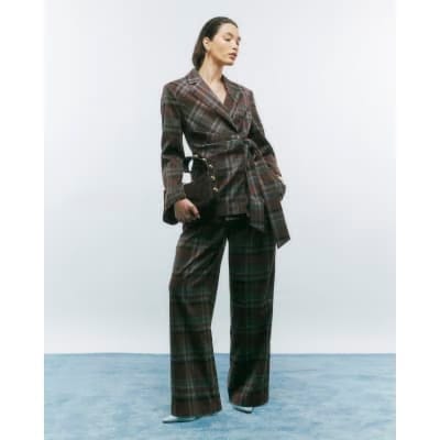Brown Check Tie Waist Blazer