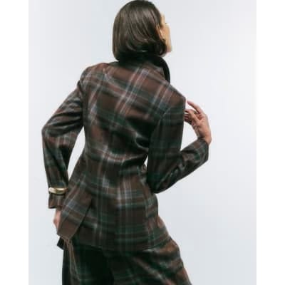 Brown Check Tie Waist Blazer