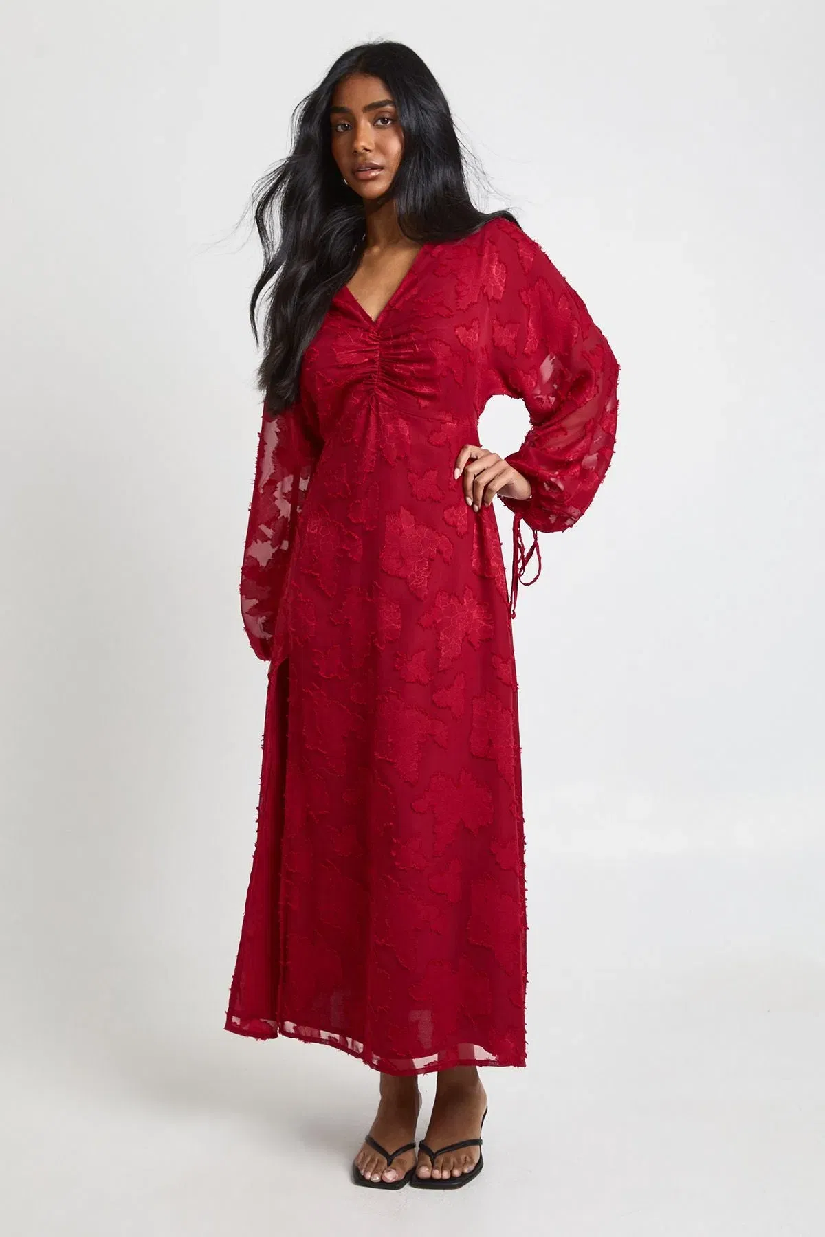 Floral Burnout Volume Sleeve Midi Dress