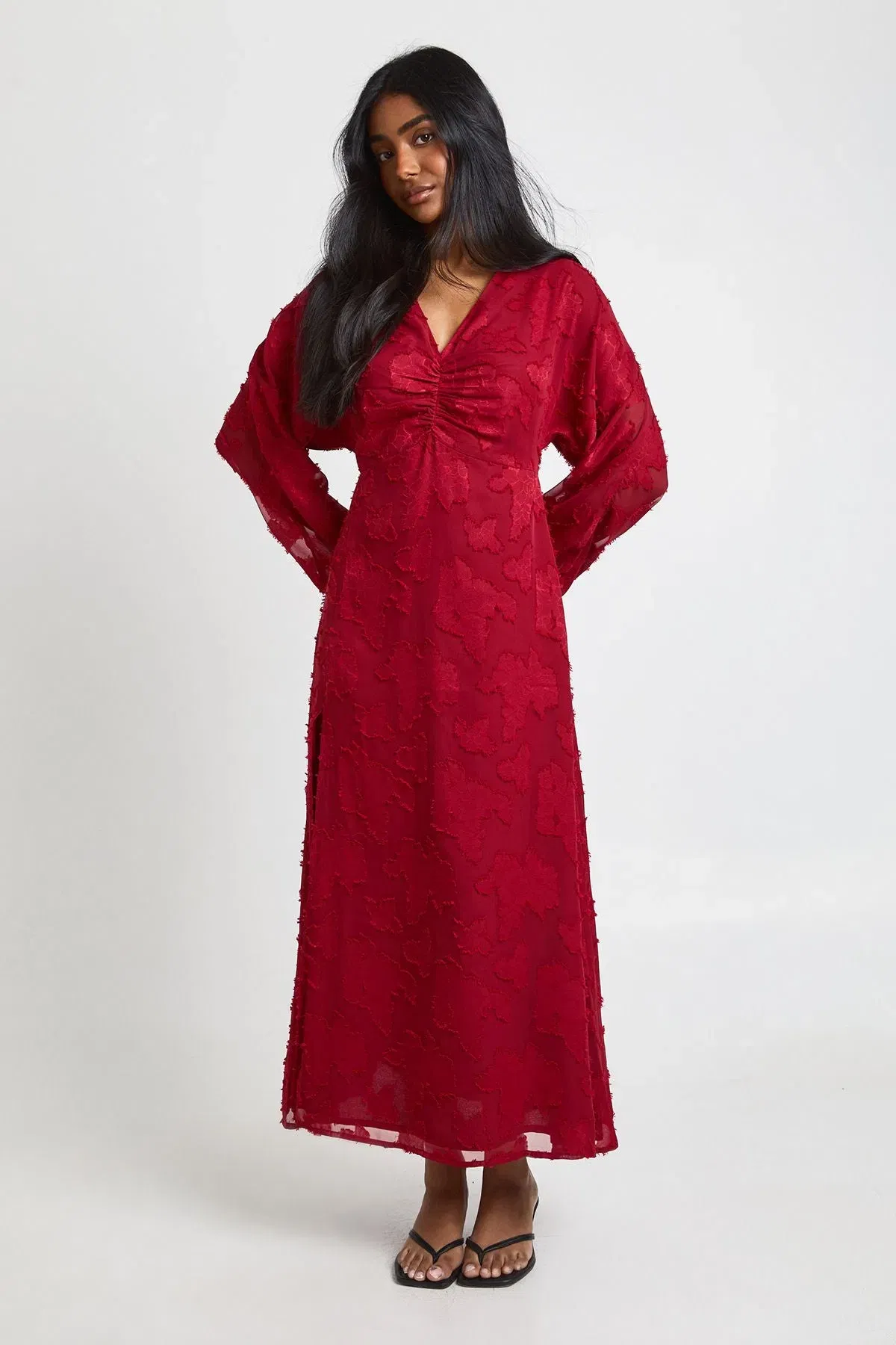 Floral Burnout Volume Sleeve Midi Dress