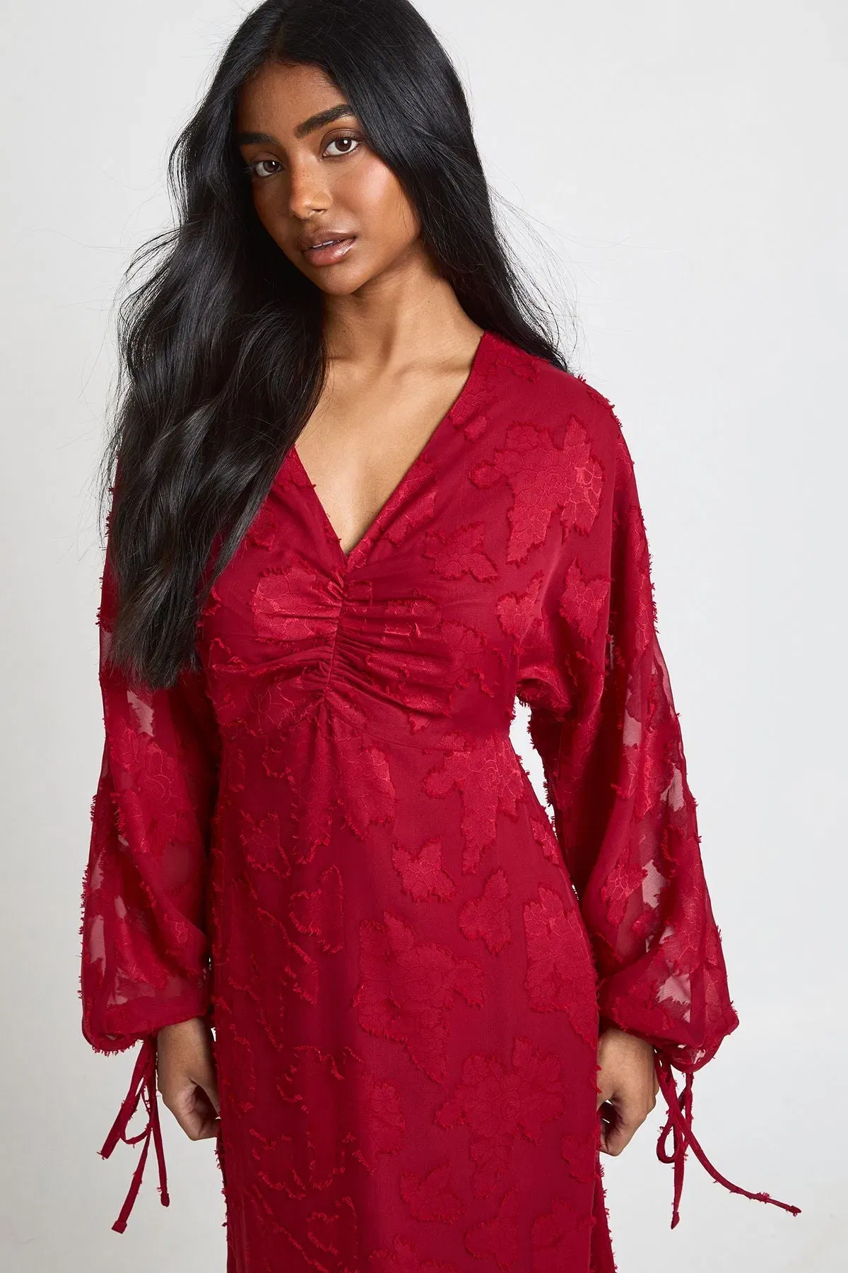 Floral Burnout Volume Sleeve Midi Dress
