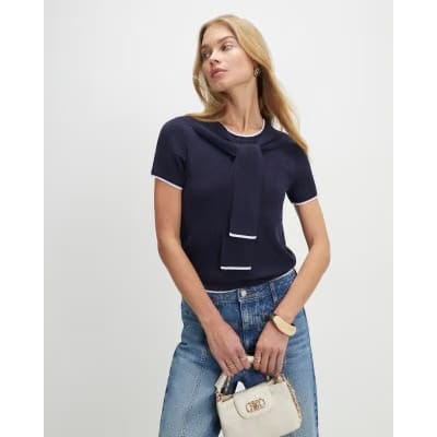 Navy Tie Neck Knitted Top