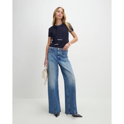 Navy Tie Neck Knitted Top