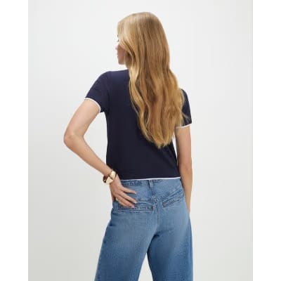Navy Tie Neck Knitted Top