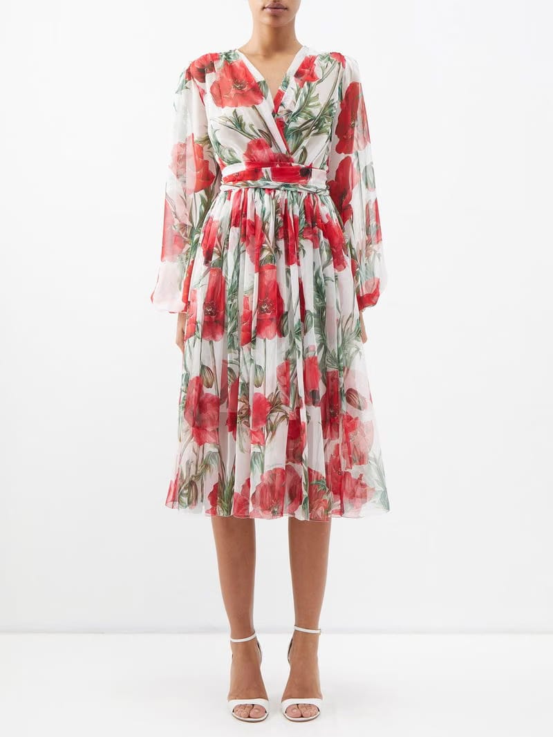 Happy Garden Poppy-Print Silk-Chiffon Midi Dress