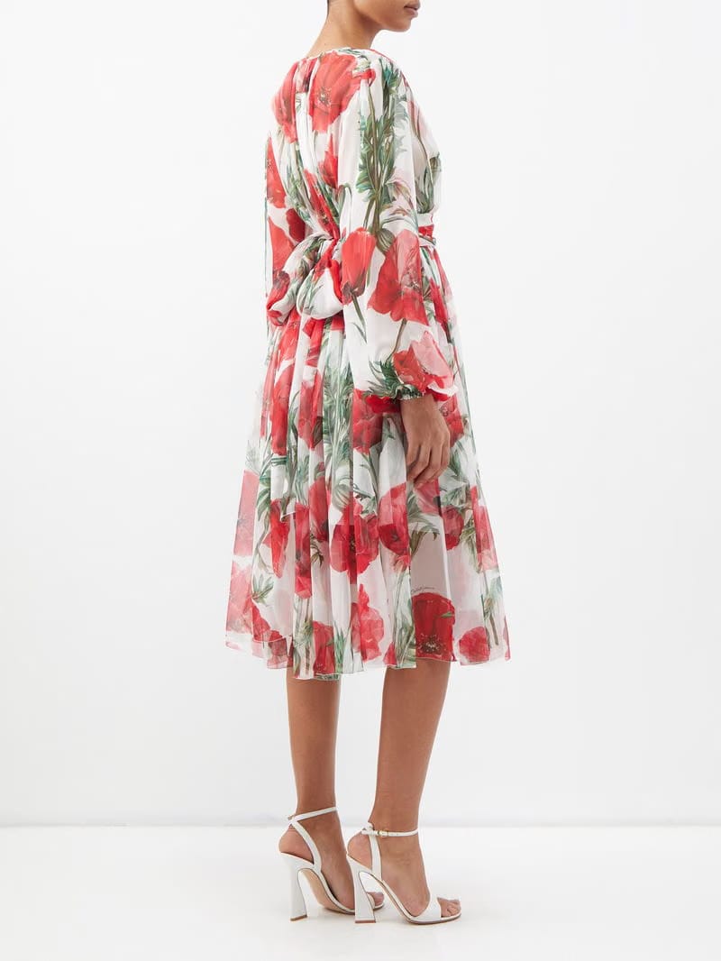 Happy Garden Poppy-Print Silk-Chiffon Midi Dress