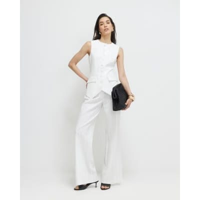 Cream Striped Wide Leg Trousers