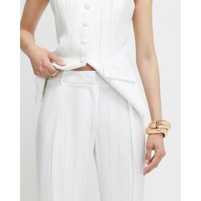 Cream Striped Wide Leg Trousers