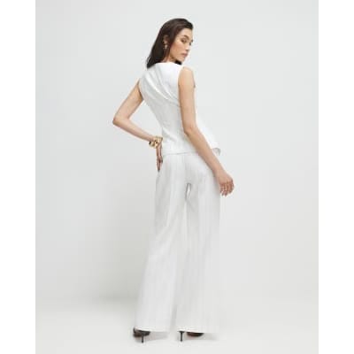 Cream Striped Wide Leg Trousers
