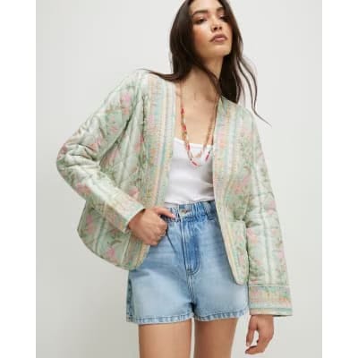 Green Floral Print Quilted Jacket