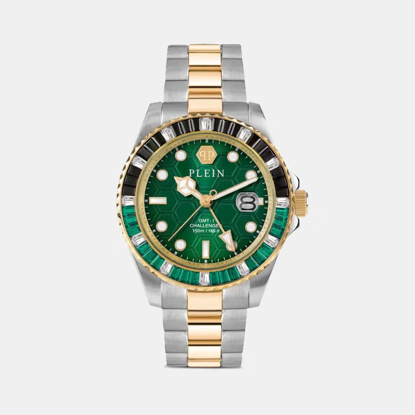 Philipp Plein Pza-Gmt-I Challenger Bagu Men Quartz Green Dial Analog Stainless Steel Watch Pwpza0224