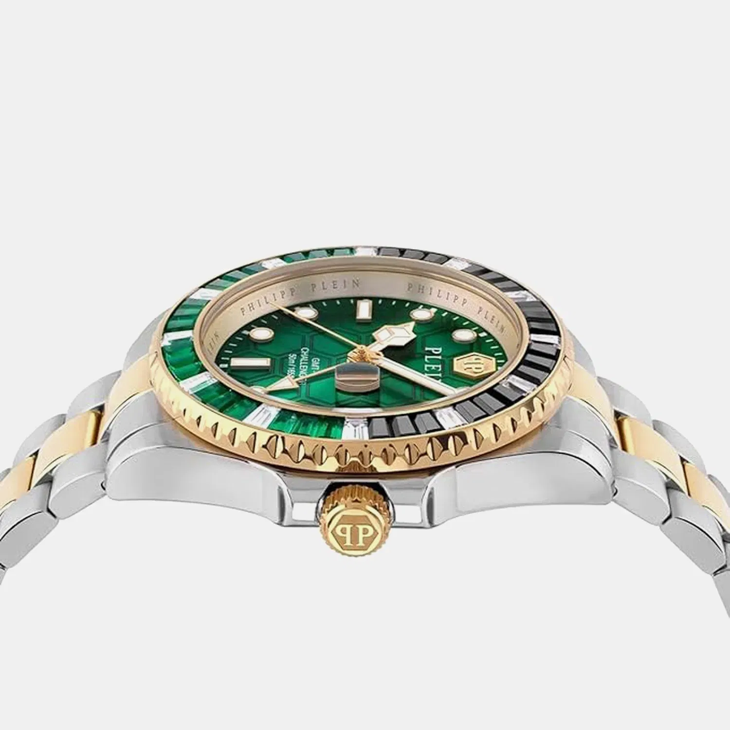 Philipp Plein Pza-Gmt-I Challenger Bagu Men Quartz Green Dial Analog Stainless Steel Watch Pwpza0224