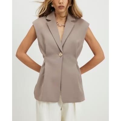 Beige Cinched Waist Blazer
