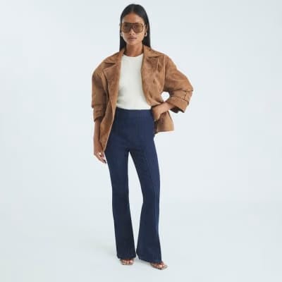 Petite Blue High Waisted Pull On Flared Jeans