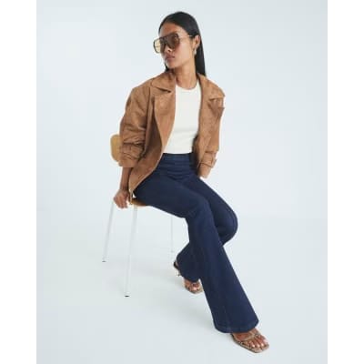 Petite Blue High Waisted Pull On Flared Jeans