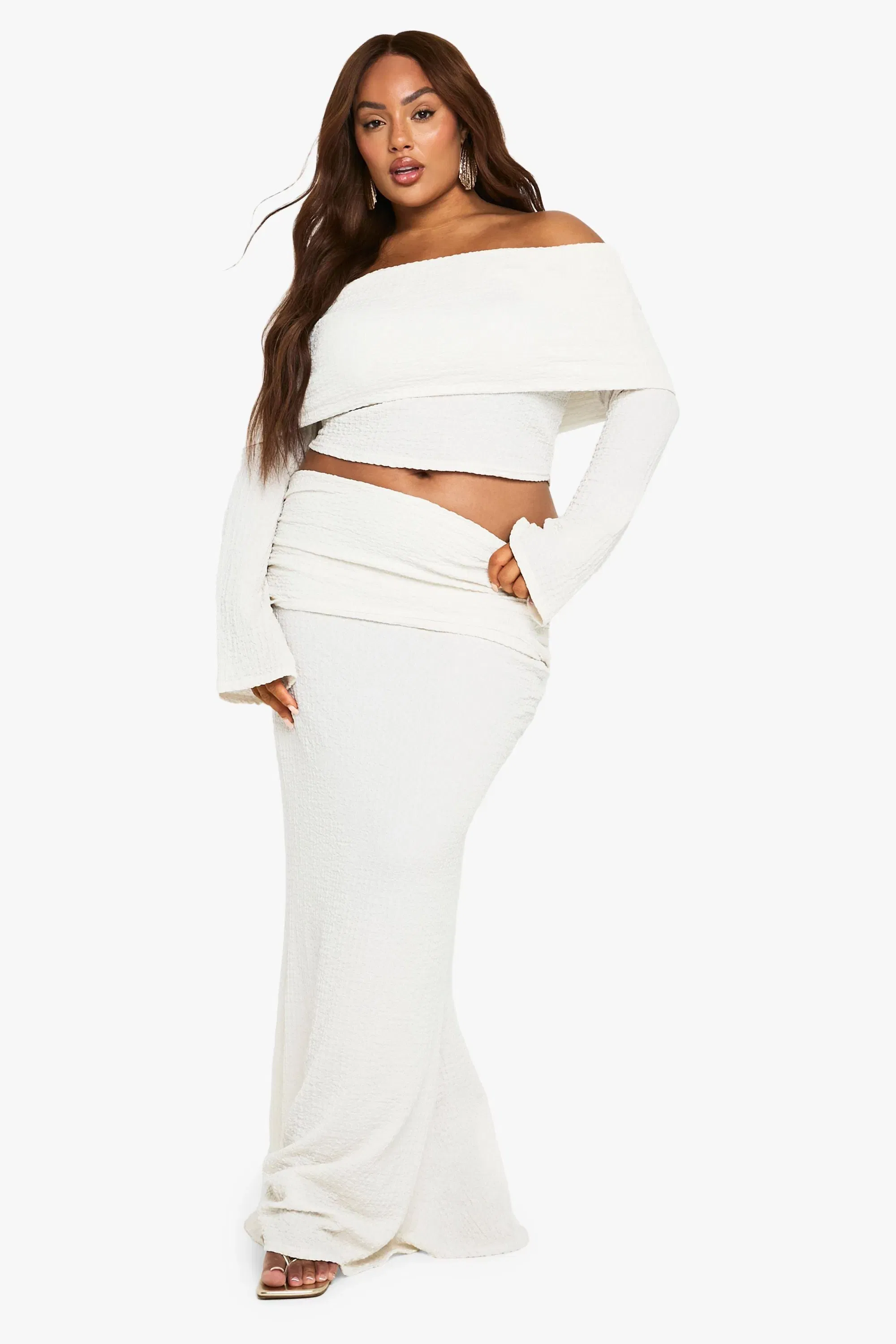 Plus Bardot Crinkle Long Sleeve Top