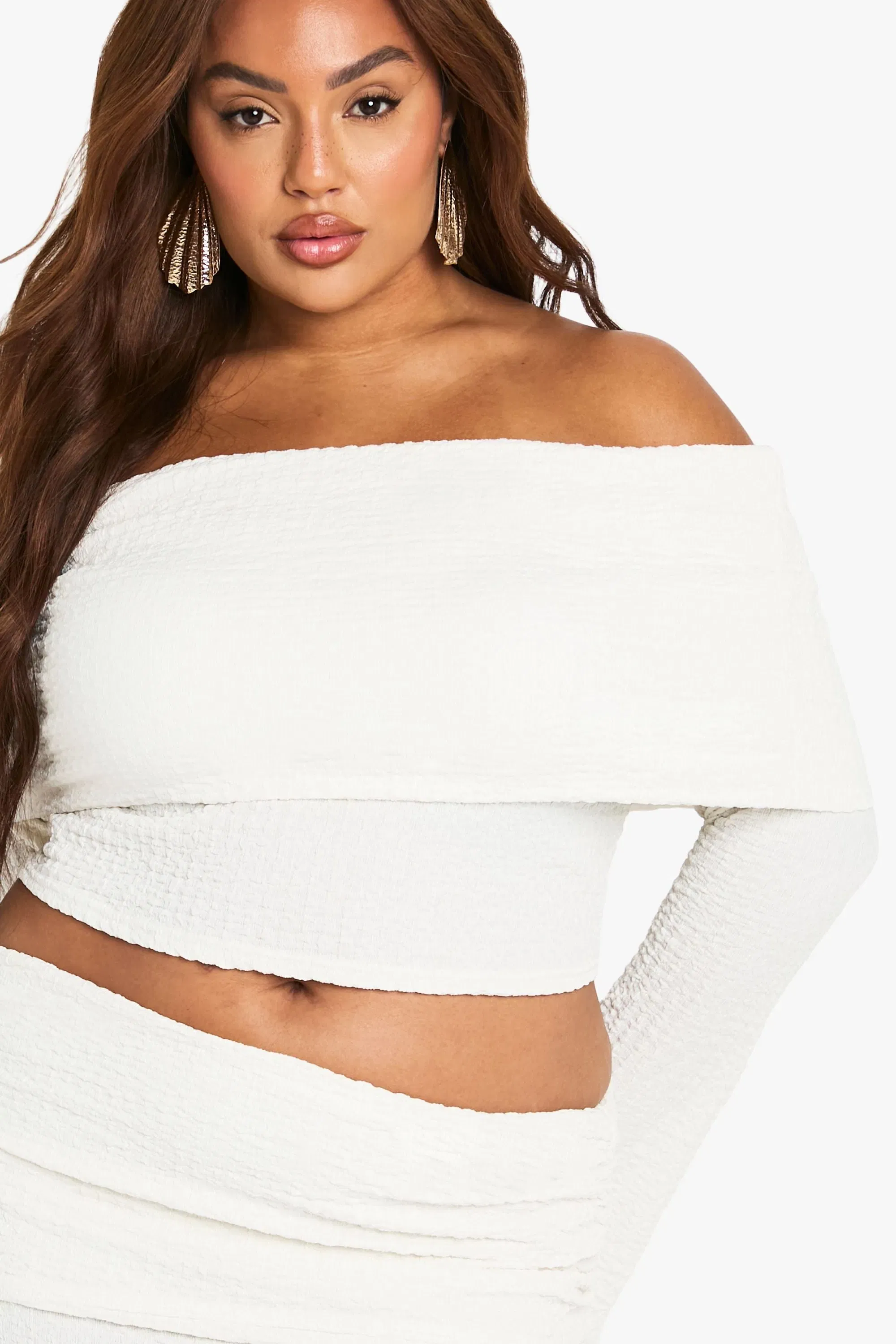 Plus Bardot Crinkle Long Sleeve Top