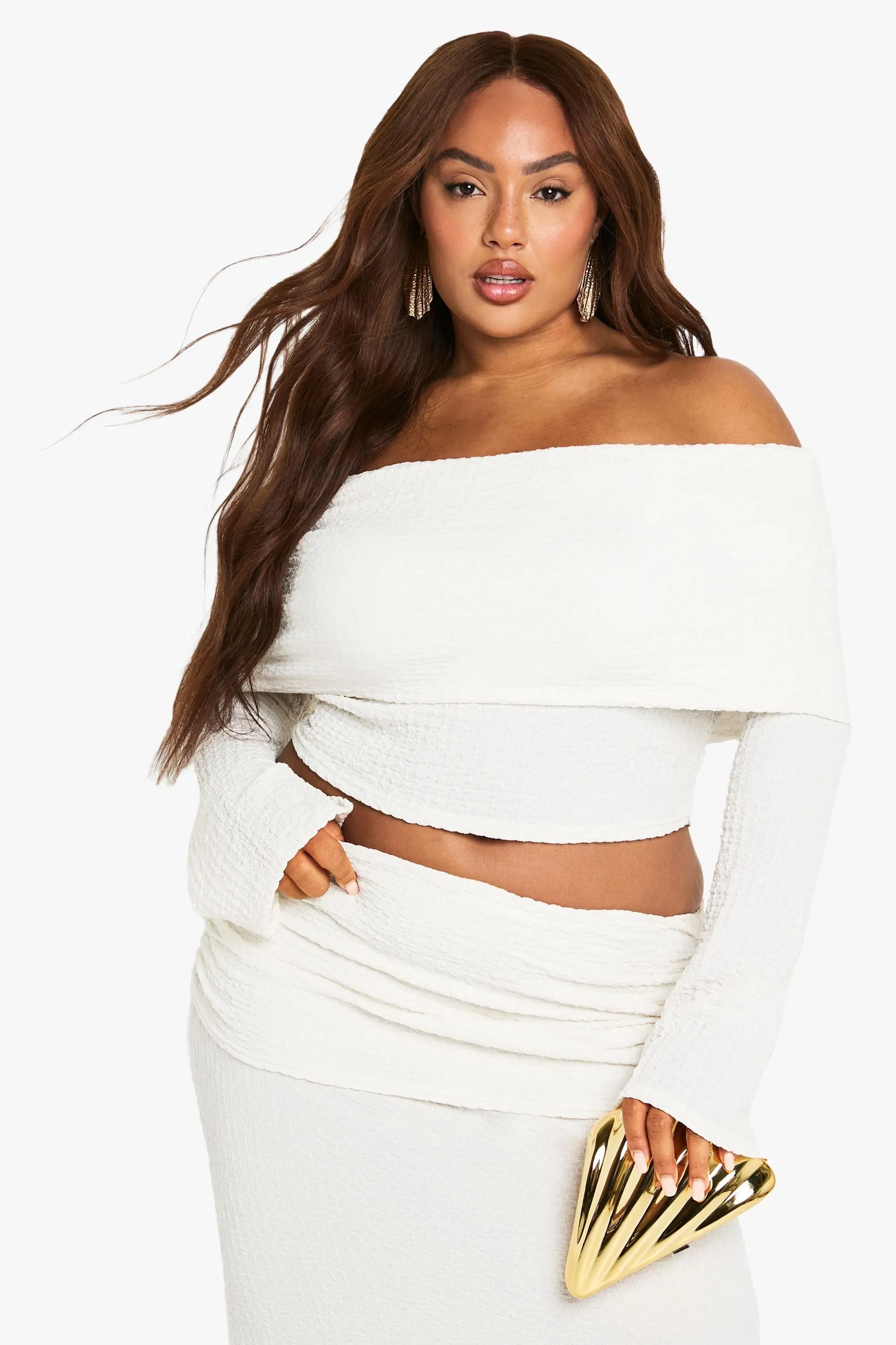 Plus Bardot Crinkle Long Sleeve Top