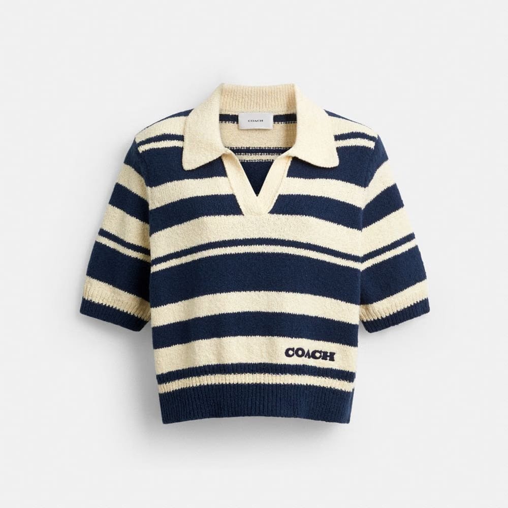 Coach Striped Knit Polo Navy Ivory