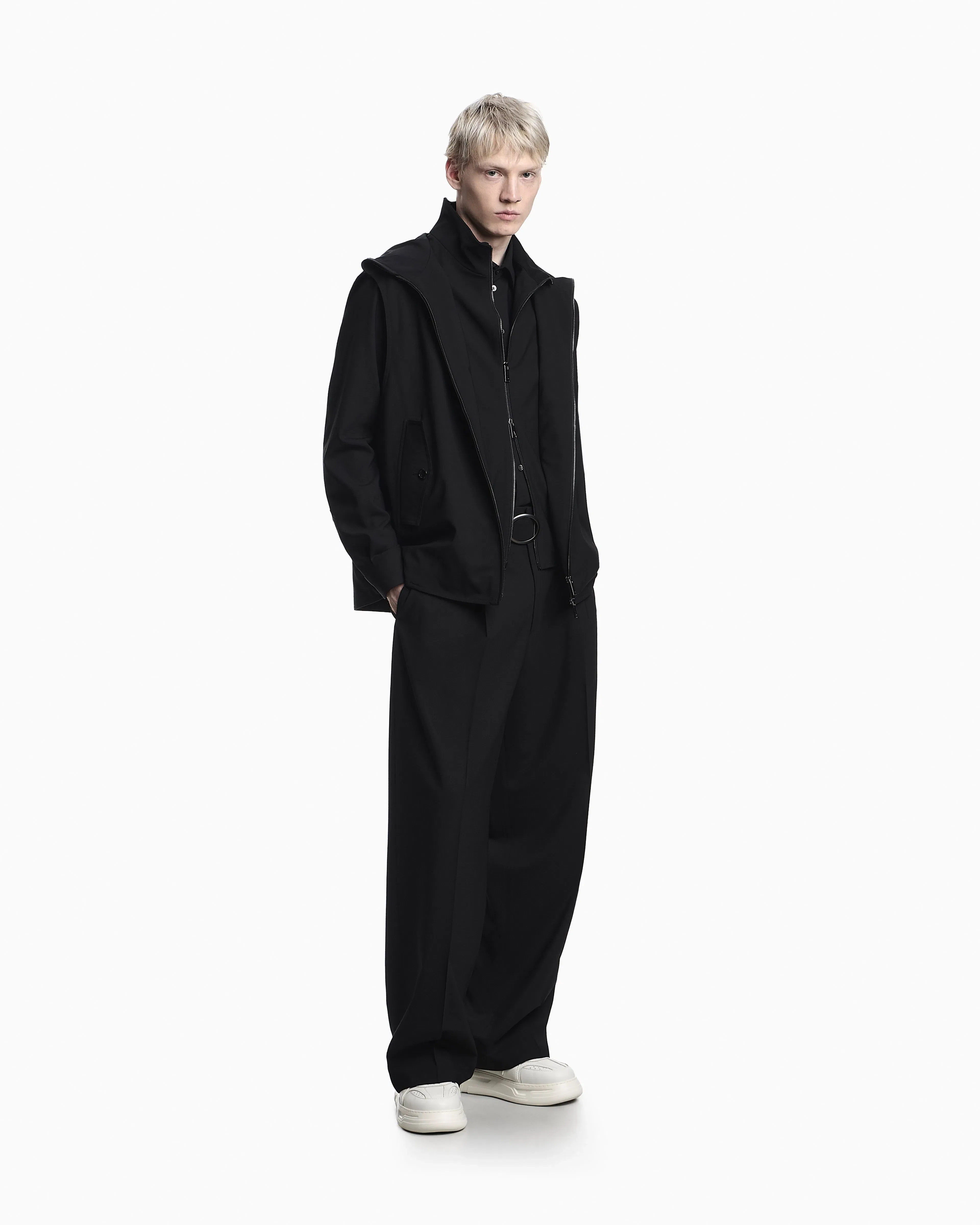 Emporio Armani Hooded sleeveless jacket in compact stretch wool canvas
