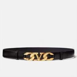 Valentino Black Leather VLogo Chain Buckle Belt