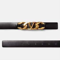 Valentino Black Leather VLogo Chain Buckle Belt