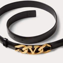Valentino Black Leather VLogo Chain Buckle Belt
