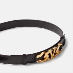 Valentino Black Leather VLogo Chain Buckle Belt
