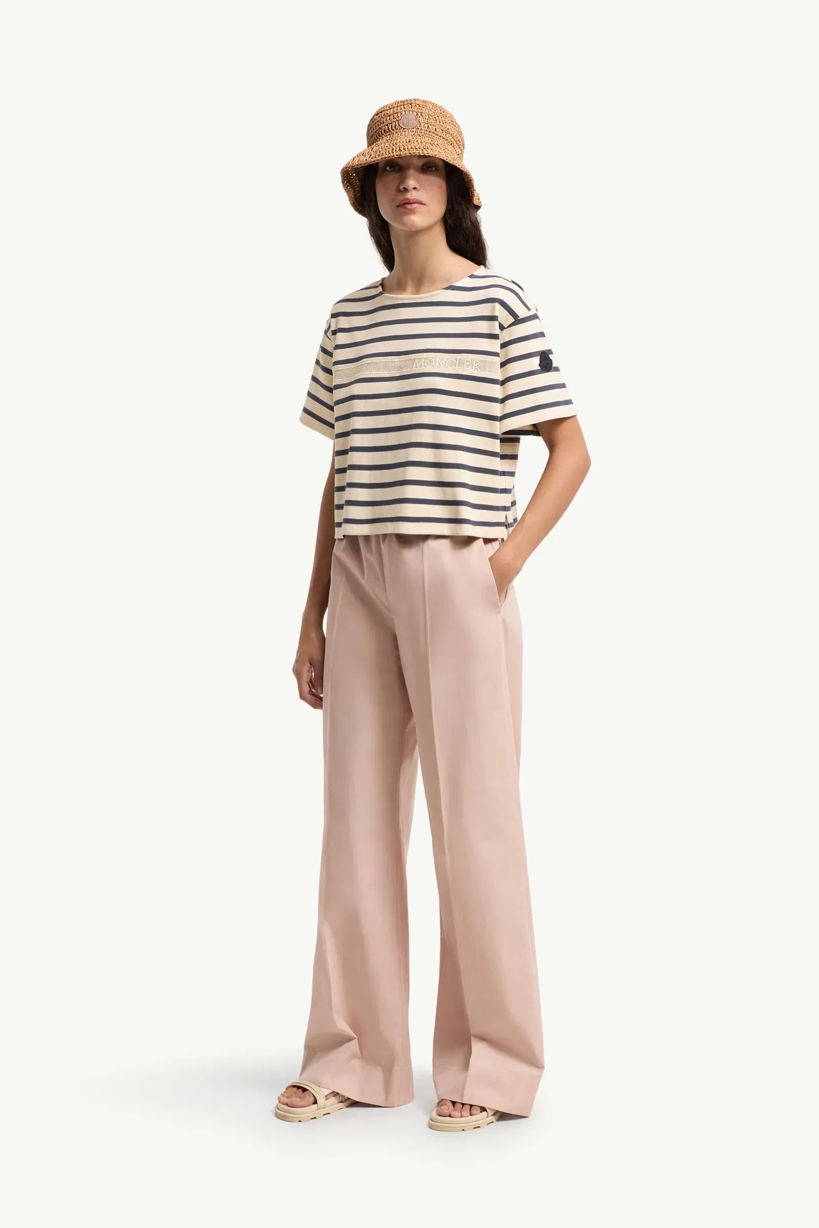 Moncler Macramé-Trimmed Striped Cotton T-Shirt White & Blue White & Blue