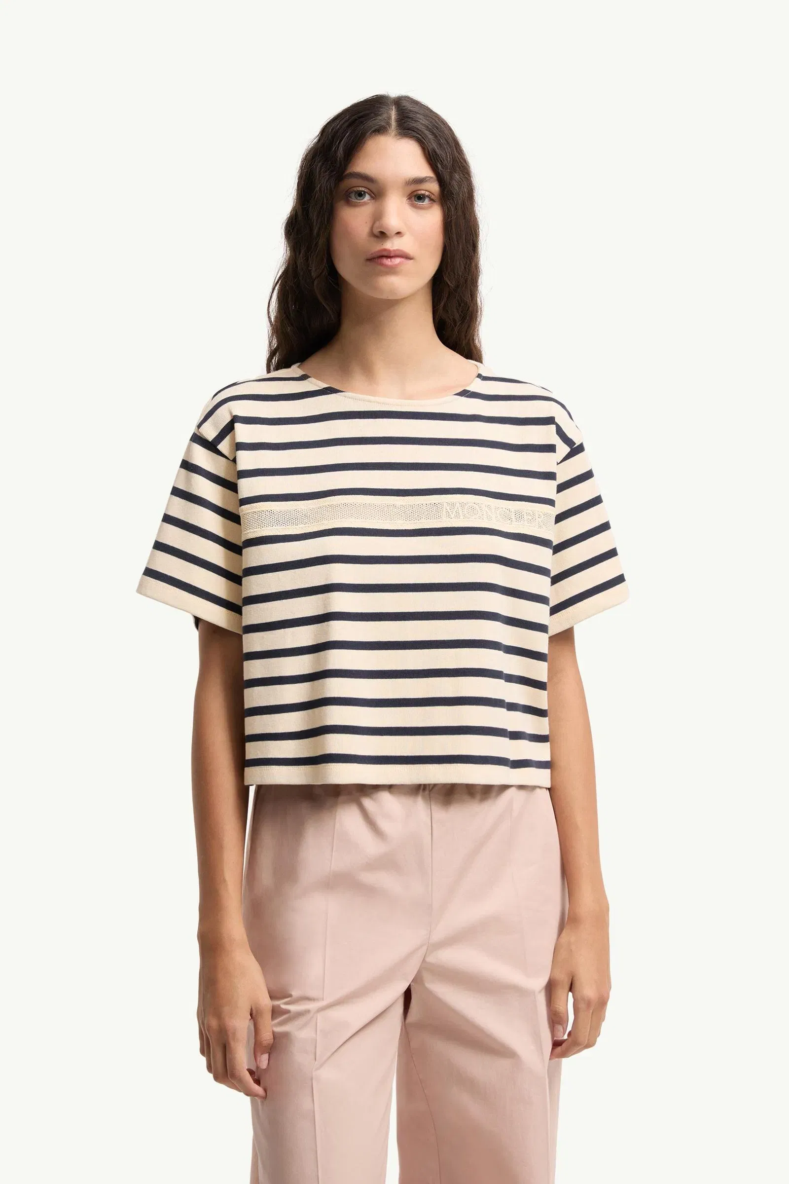 Moncler Macramé-Trimmed Striped Cotton T-Shirt White & Blue White & Blue
