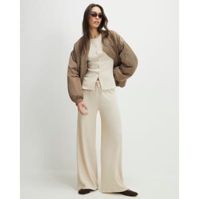 Beige Texture Drawstring Wide Leg Trousers