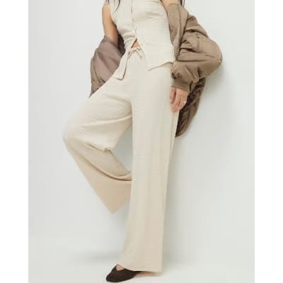 Beige Texture Drawstring Wide Leg Trousers