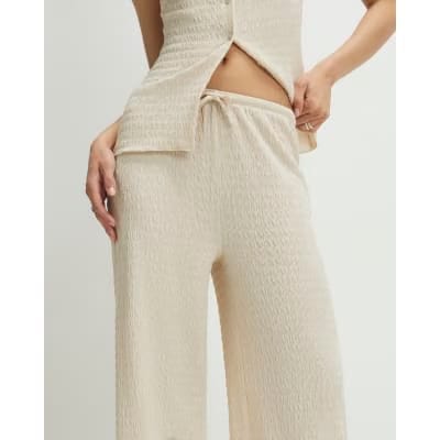 Beige Texture Drawstring Wide Leg Trousers
