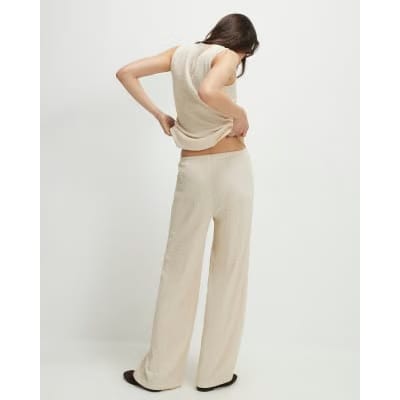 Beige Texture Drawstring Wide Leg Trousers