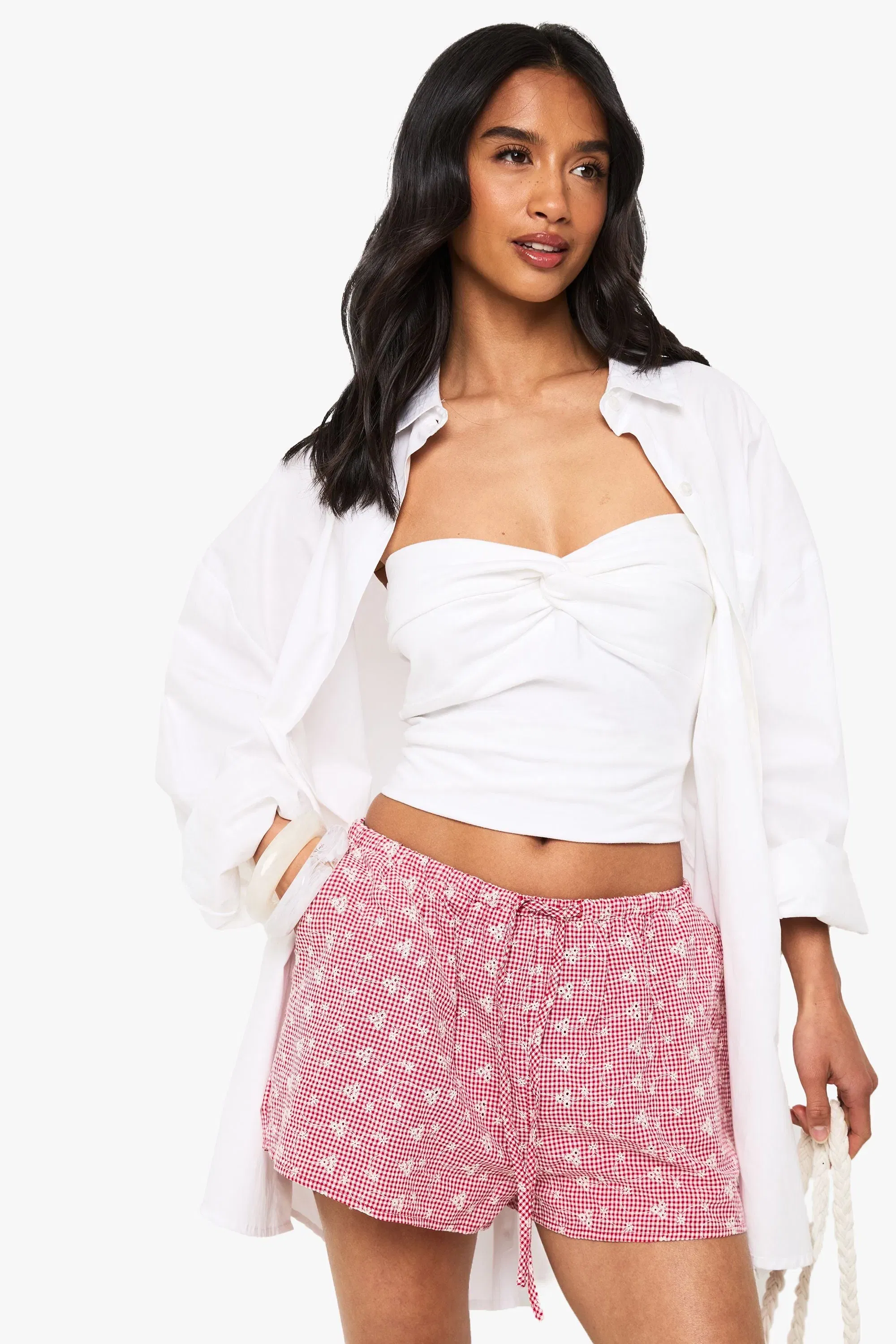 Petite Embroidered Gingham Shorts