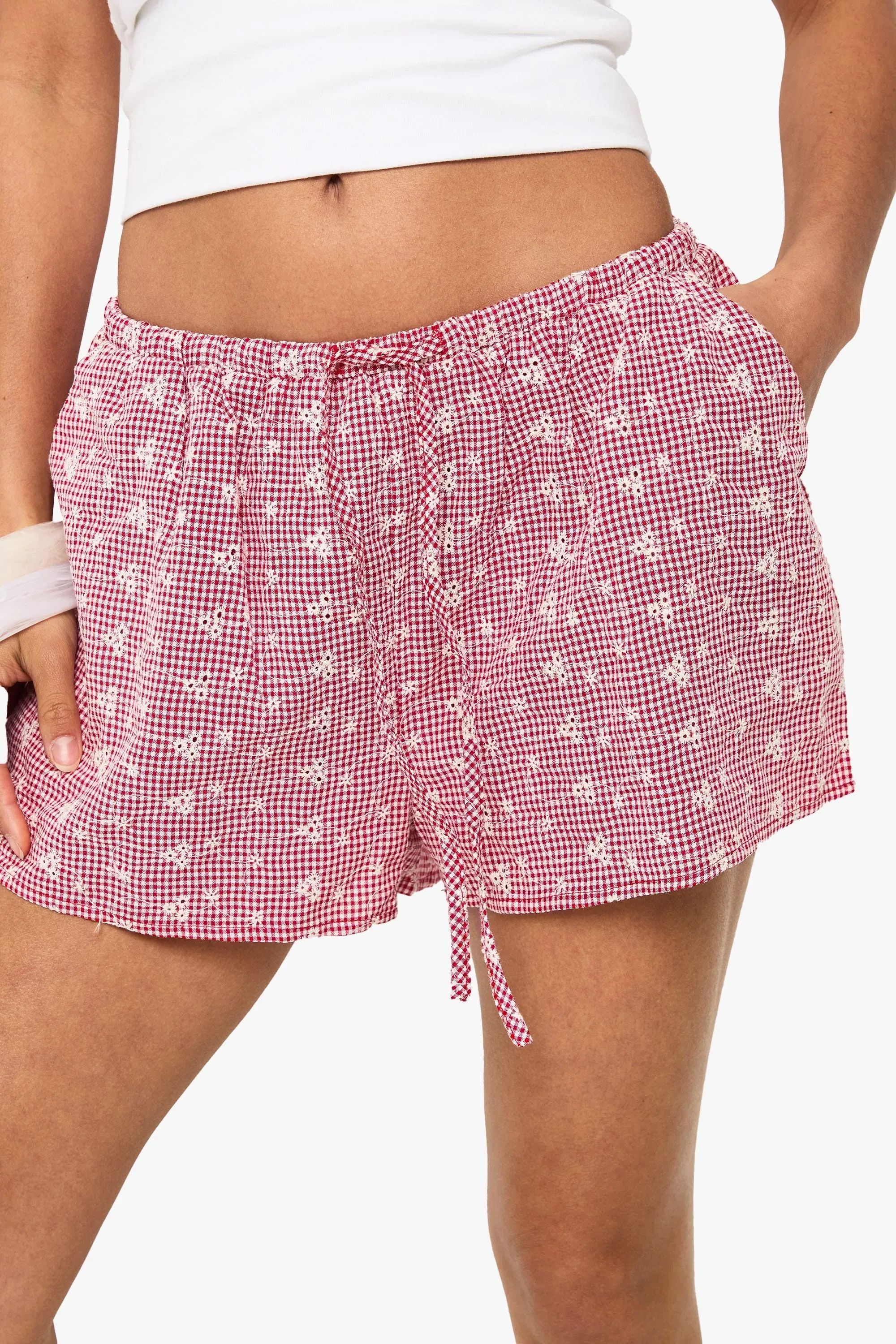 Petite Embroidered Gingham Shorts