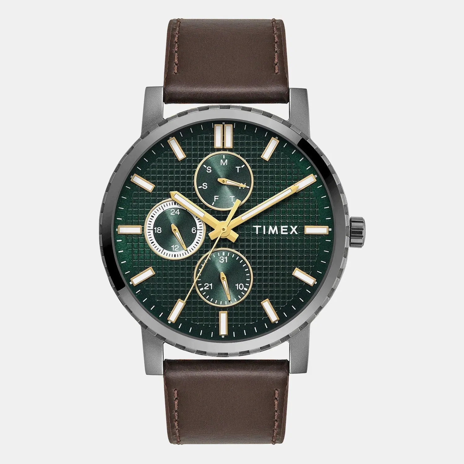 Timex Trendline Men Quartz Green Dial Multi-Function Leather Watch Tweg34700