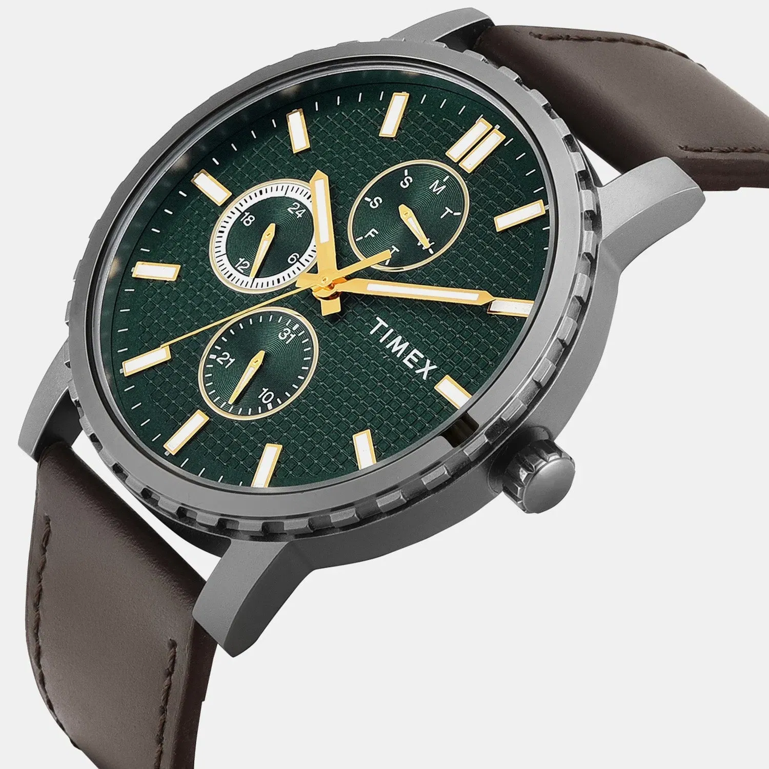 Timex Trendline Men Quartz Green Dial Multi-Function Leather Watch Tweg34700