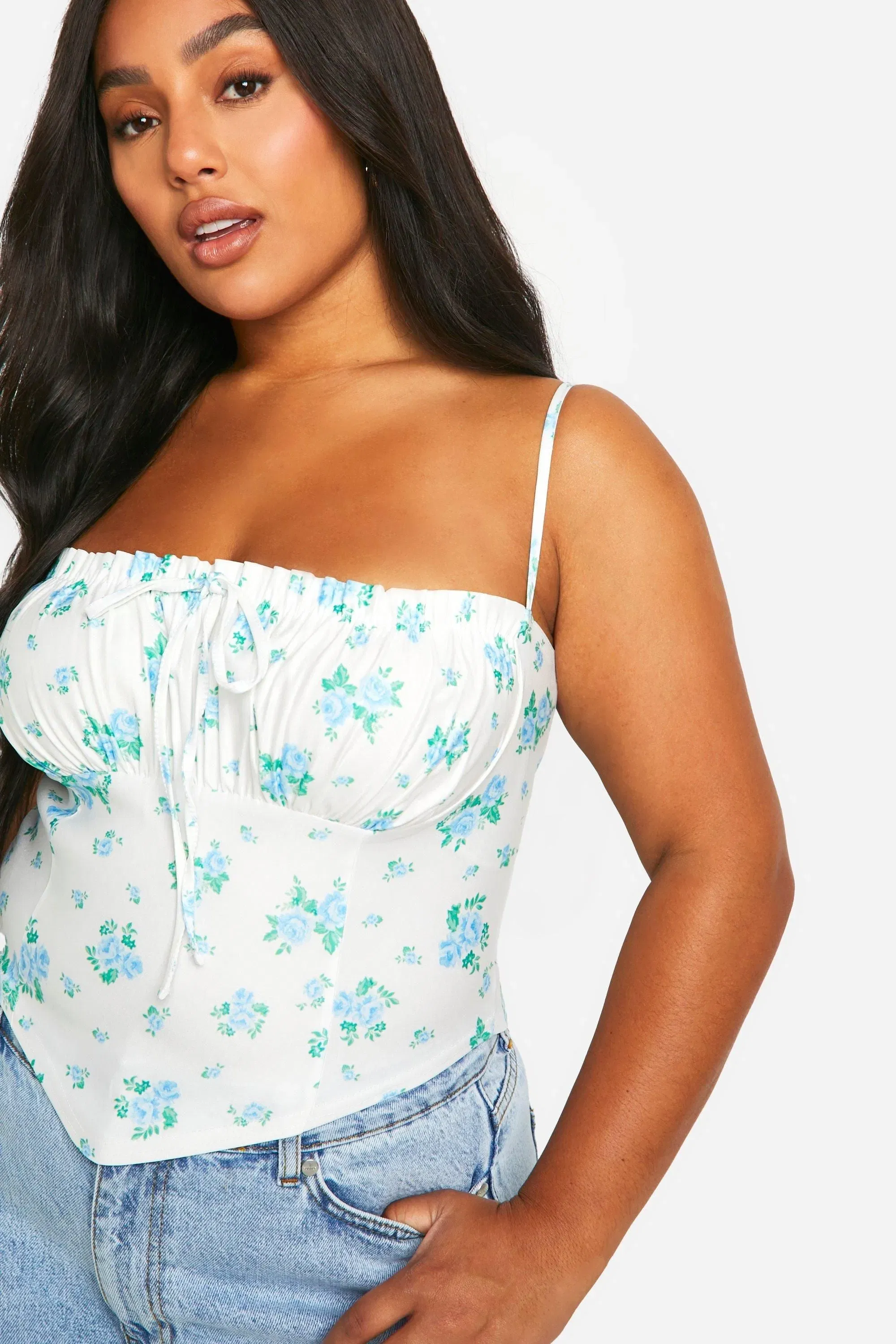 Plus Bengaline Ditsy Floral Milkmaid Corset Top