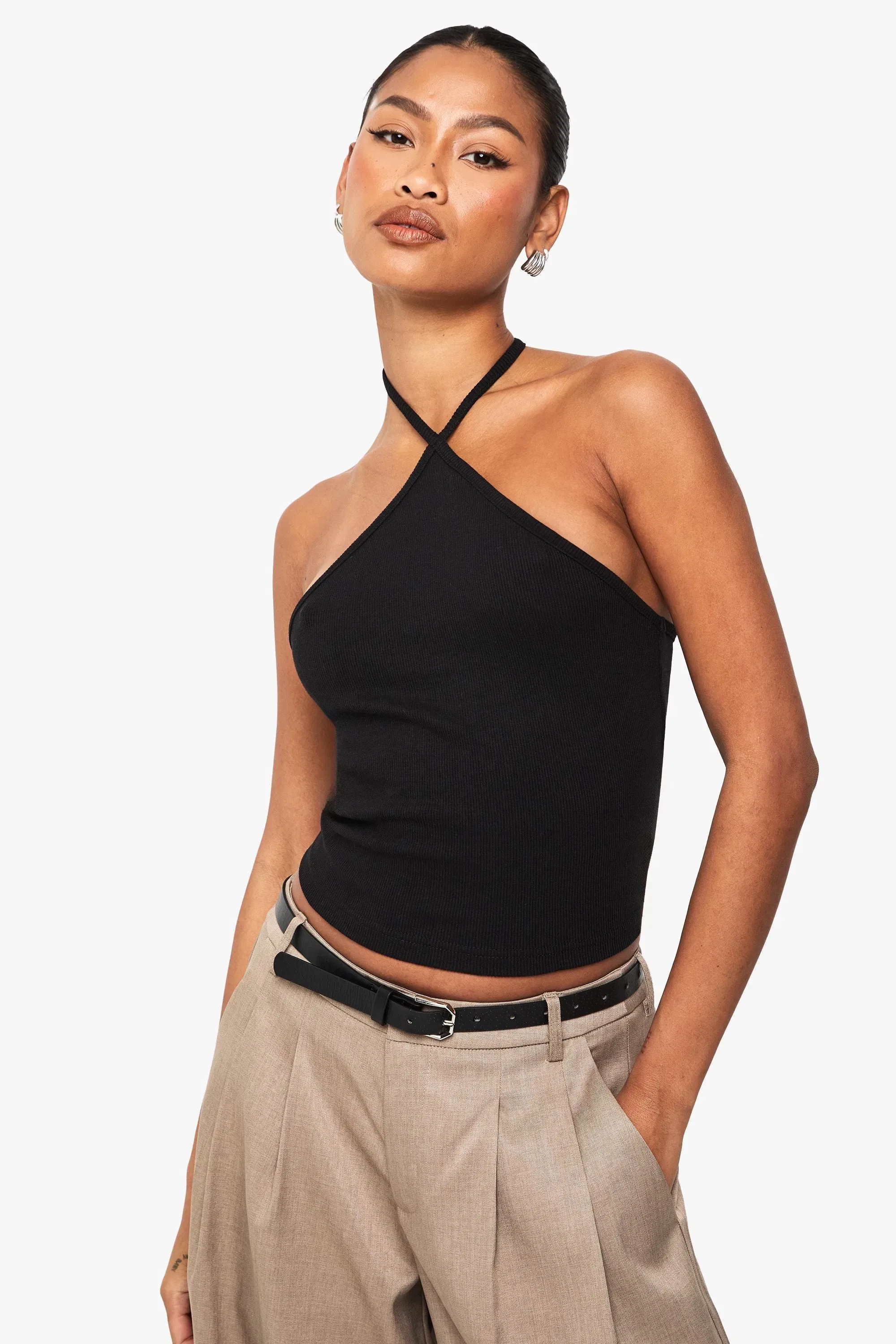 Basic Rib Strappy Halterneck Vest Top