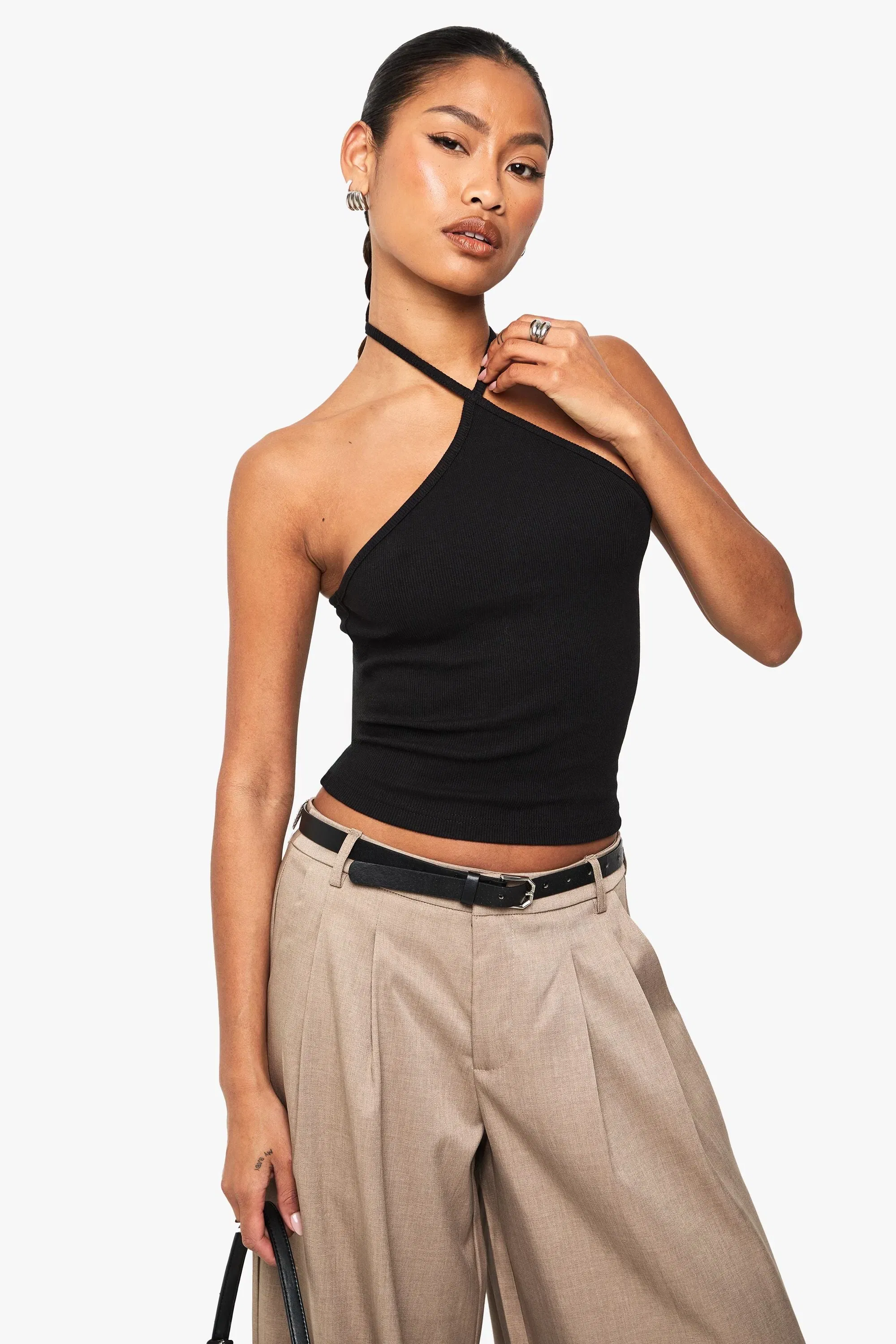 Basic Rib Strappy Halterneck Vest Top