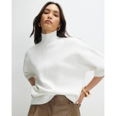 White Oversized Knitted High Neck Top