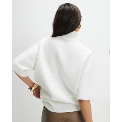 White Oversized Knitted High Neck Top