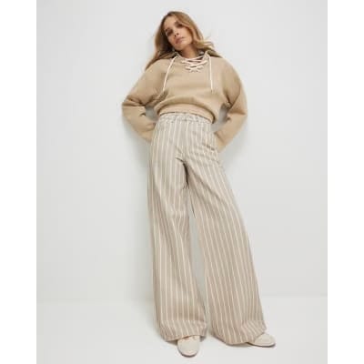 Beige Stripe Wide Leg Jeans