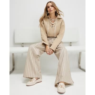 Beige Stripe Wide Leg Jeans